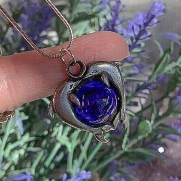 VTG Kissing Dolphins Cobalt Blue Art Glass Pendant - Picture 6 of 7